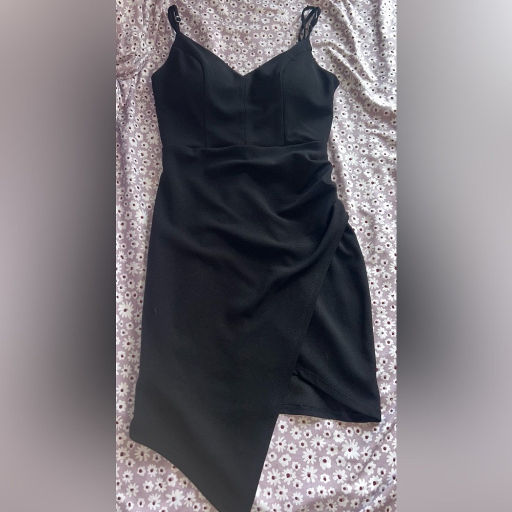 Emerald Sundae Black Asymmetrical Ruched Midi Dress